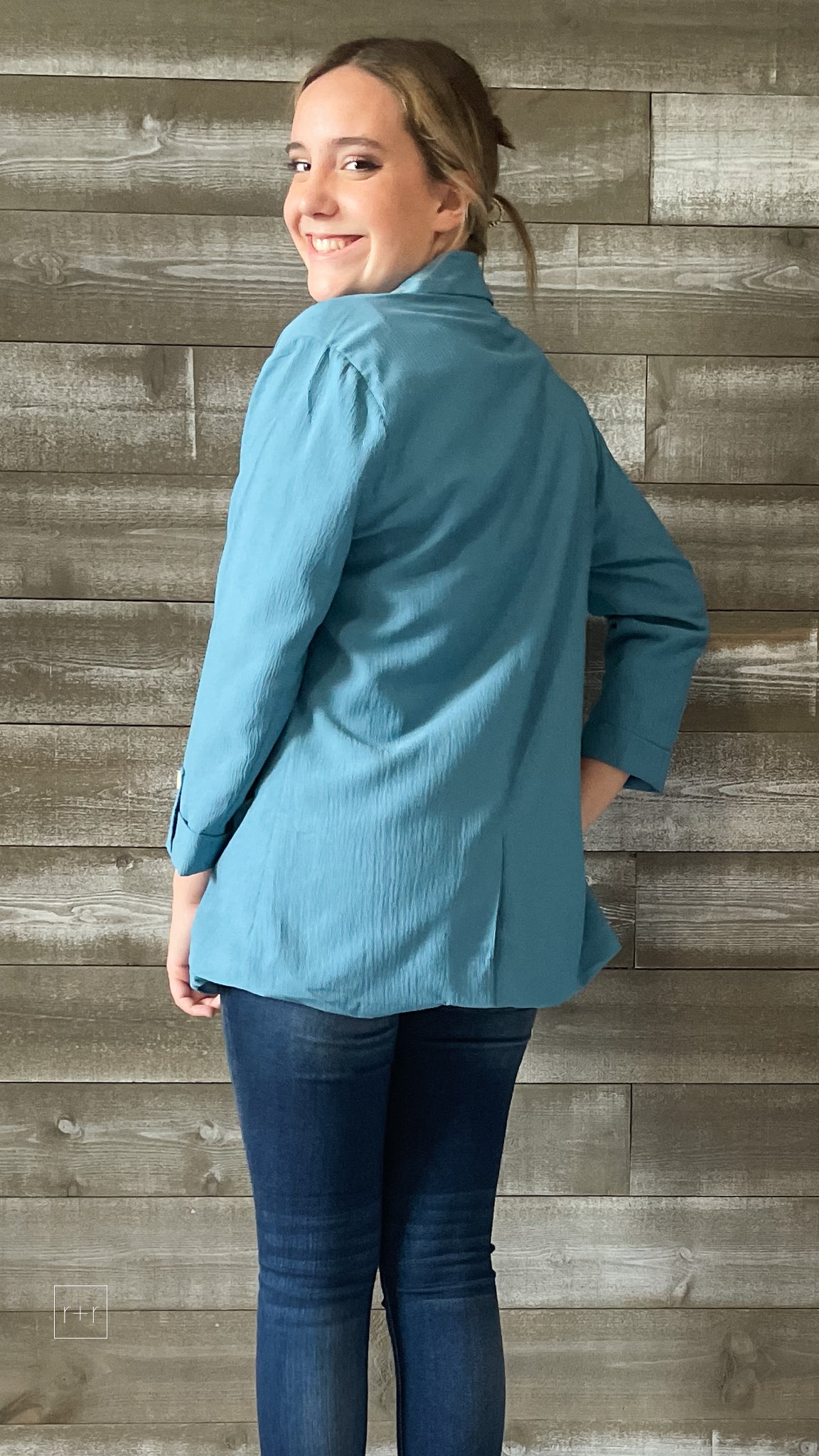 kori america turquoise crepe lightweight blazer B7252