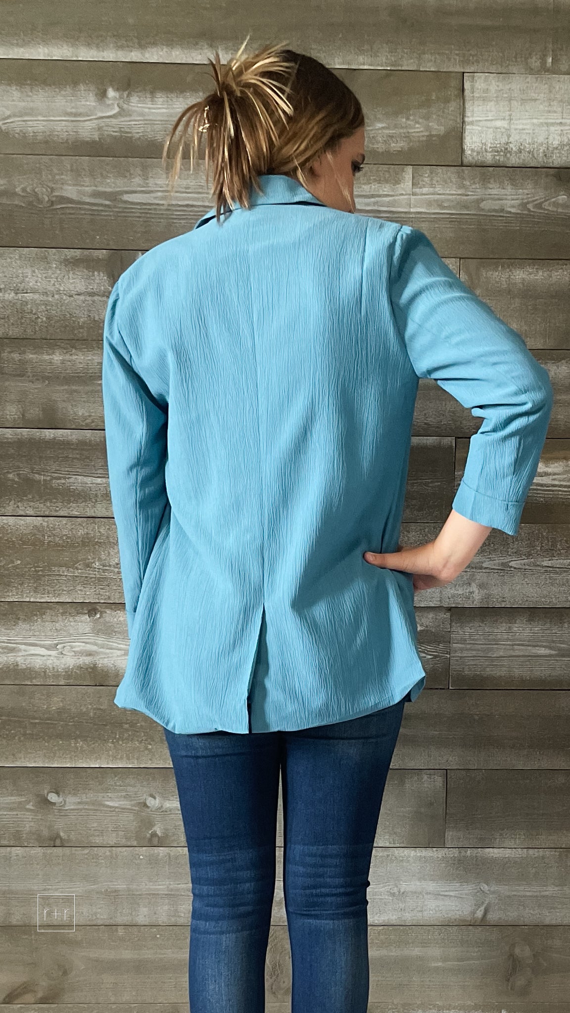 kori america turquoise crepe lightweight blazer B7252