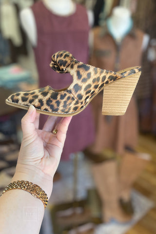 Corkys Knot Gonna Happen mule in leopard print, alternate side profile showing the backless slip-on mule design