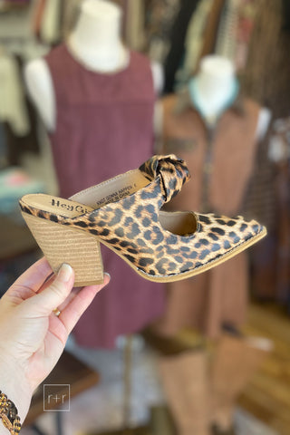 Corkys Knot Gonna Happen mule in leopard print, side profile showing the 3.75 inch heel and pointed closed toe