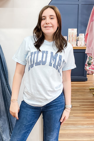 Lulu Mac Chambray blue with dark blue Striped Lettering Short Sleeve Comfort Colors Tee Shirts