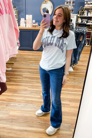 Lulu Mac Chambray blue with dark blue Striped Lettering Short Sleeve Comfort Colors Tee Shirts