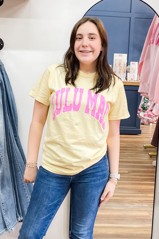 Lulu Mac Butter Yellow with Pink Striped Lettering Short Sleeve Comfort Colors Tee Shirts