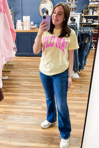 Lulu Mac Butter Yellow with Pink Striped Lettering Short Sleeve Comfort Colors Tee Shirts