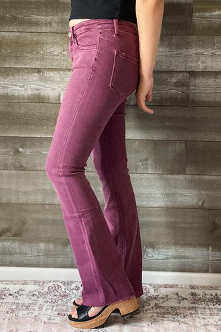 lovervet by vervet mid rise boot cut jeans raw hem sangria LV1254SA