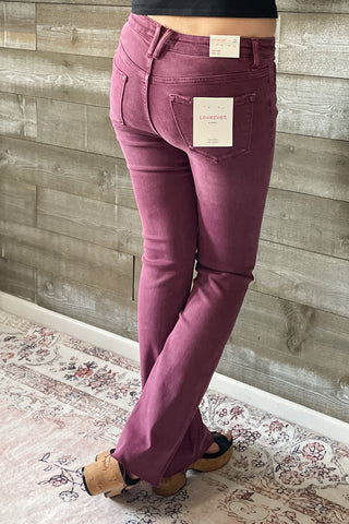 lovervet by vervet mid rise boot cut jeans raw hem sangria LV1254SA