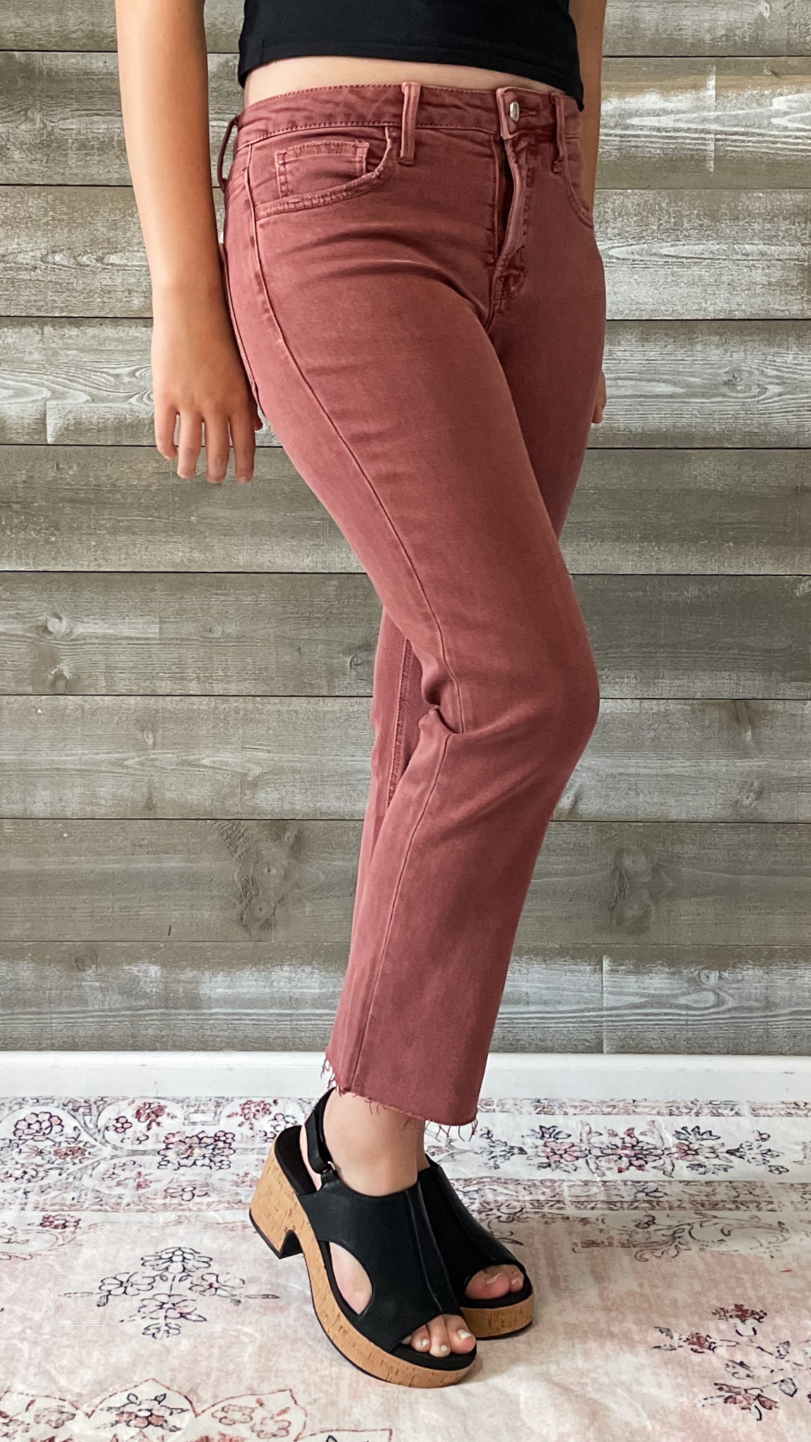 lovervet by vervet denim tummy control wine straight leg crop jeans raw hem LV1200WI