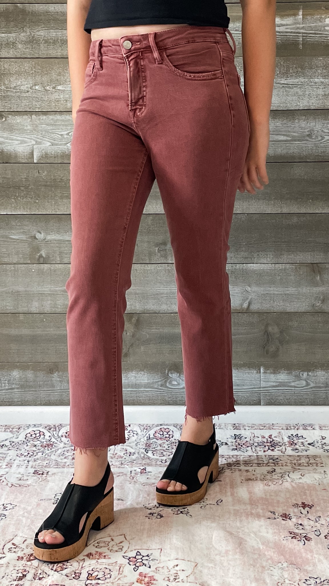 lovervet by vervet denim tummy control wine straight leg crop jeans raw hem LV1200WI