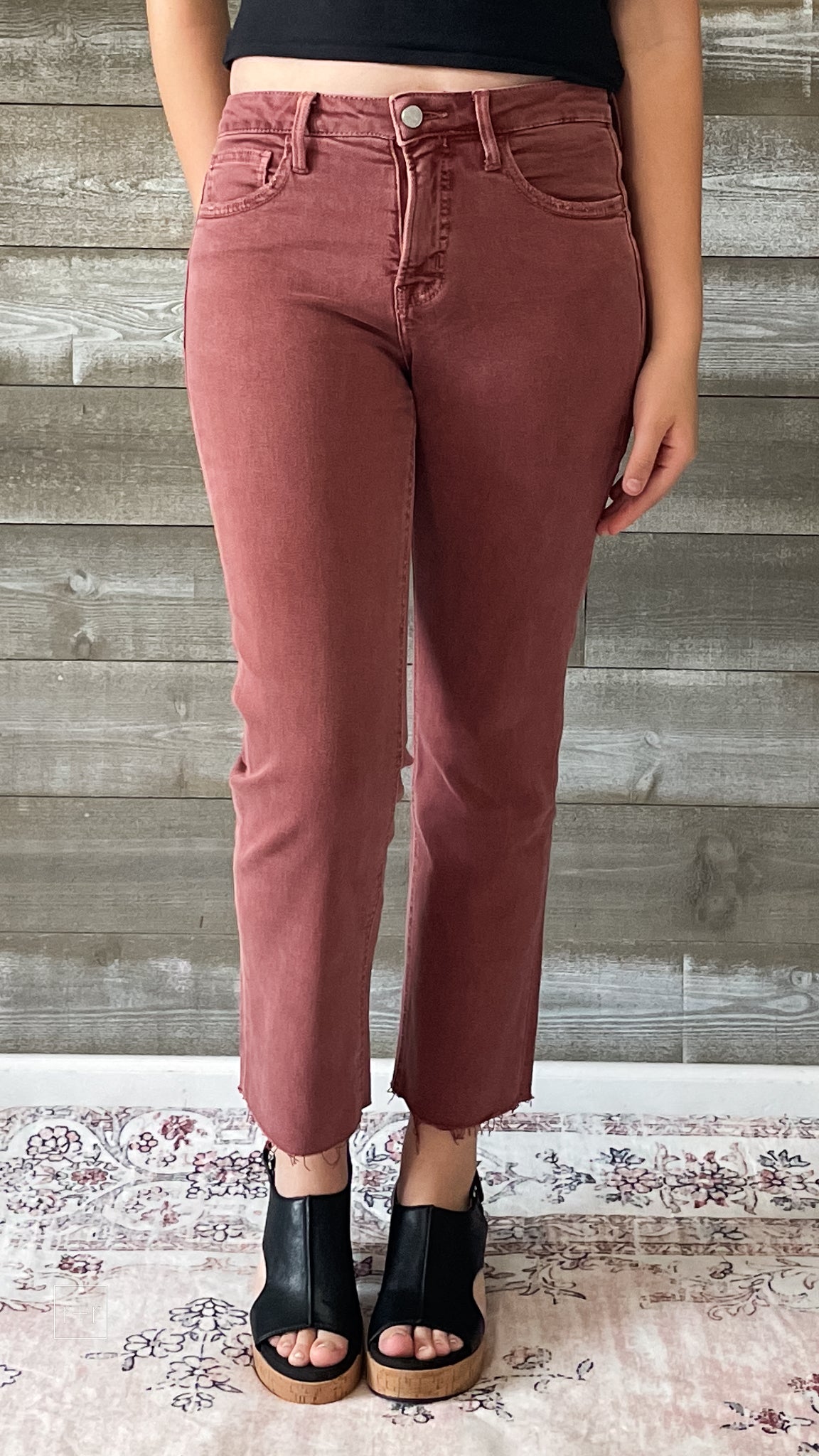 lovervet by vervet denim tummy control wine straight leg crop jeans raw hem LV1200WI