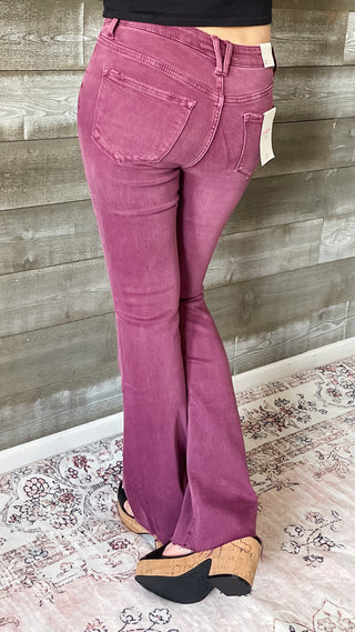 lovervet by vervet mid rise boot cut jeans raw hem sangria LV1254SA