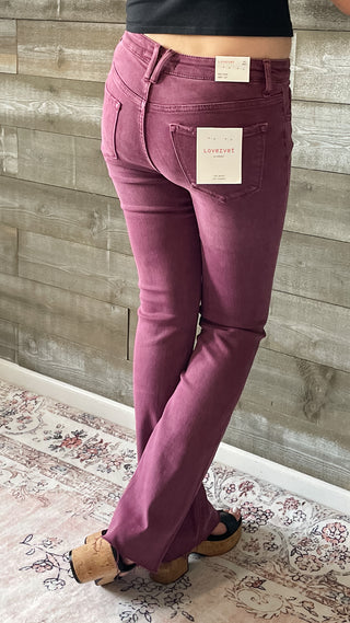 lovervet by vervet mid rise boot cut jeans raw hem sangria LV1254SA