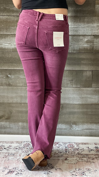 lovervet by vervet mid rise boot cut jeans raw hem sangria LV1254SA