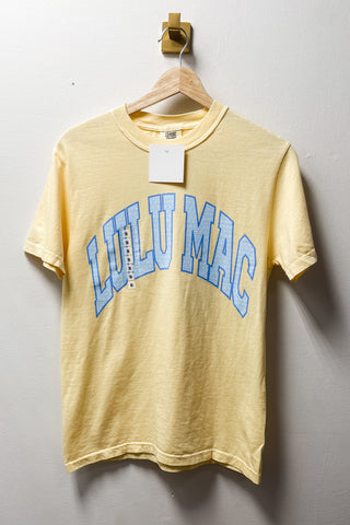 Lulu Mac Polka Dot Comfort Colors Short Sleeve Tee Shirts in butter yellow with blue lettering