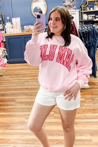 Lulu Mac Pink Sweatshirt with Red Gingham Lettering