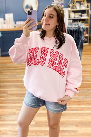 Lulu Mac Pink Sweatshirt with Red Gingham Lettering