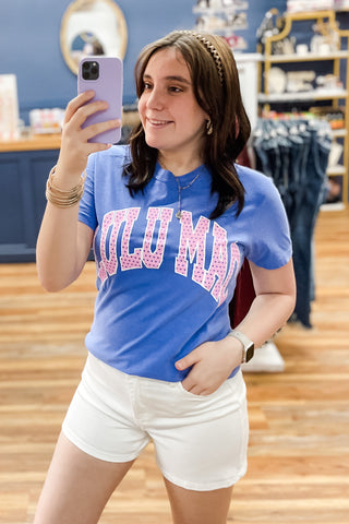 Lulu Mac Polka Dot Comfort Colors Short Sleeve Tee Shirts in flo blue with pink polka dotted lettering