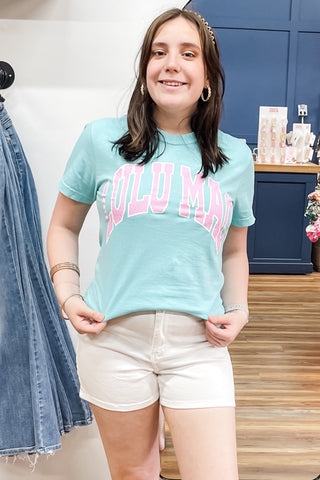 Lulu Mac Polka Dot Comfort Colors Short Sleeve Tee Shirts in chalky mint with pink polka dotted lettering