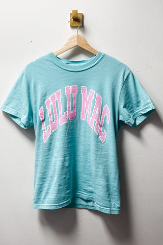 Lulu Mac Polka Dot Comfort Colors Short Sleeve Tee Shirts in chalky mint with pink polka dotted lettering