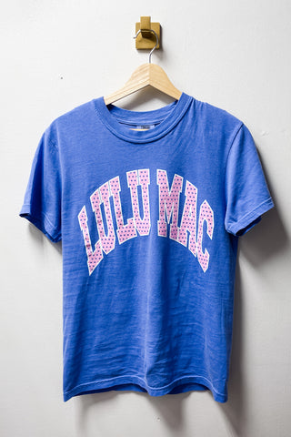 Lulu Mac Polka Dot Comfort Colors Short Sleeve Tee Shirts in flo blue with pink polka dotted lettering