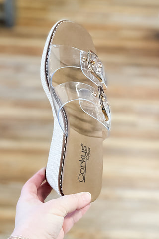 Corkys Footwear Manifest Clear Double Strap Wedge Slide Sandals