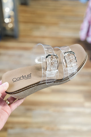 Corkys Footwear Manifest Clear Double Strap Wedge Slide Sandals