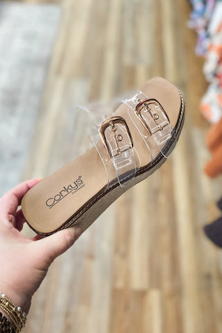 Corkys Footwear Manifest Clear Double Strap Wedge Slide Sandals
