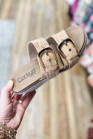 Corkys Footwear Manifest Cork Adjustable Double Strap Wedge Slide Sandals