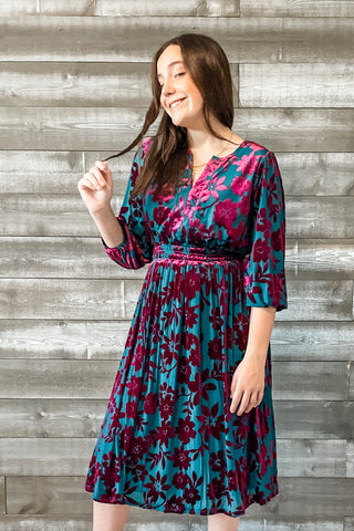 easel teal and magenta floral velvet burnout mesh winter long sleeve midi dress ED71119