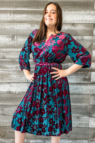 easel teal and magenta floral velvet burnout mesh winter long sleeve midi dress ED71119