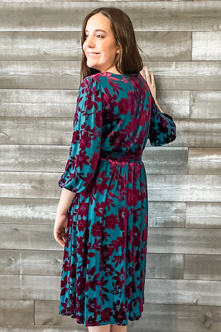 easel teal and magenta floral velvet burnout mesh winter long sleeve midi dress ED71119