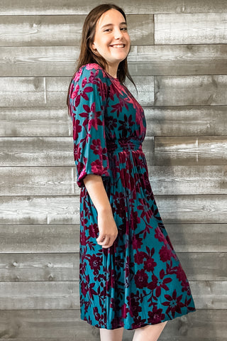 easel teal and magenta floral velvet burnout mesh winter long sleeve midi dress ED71119