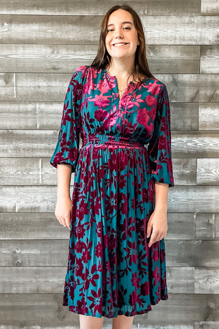 easel teal and magenta floral velvet burnout mesh winter long sleeve midi dress ED71119