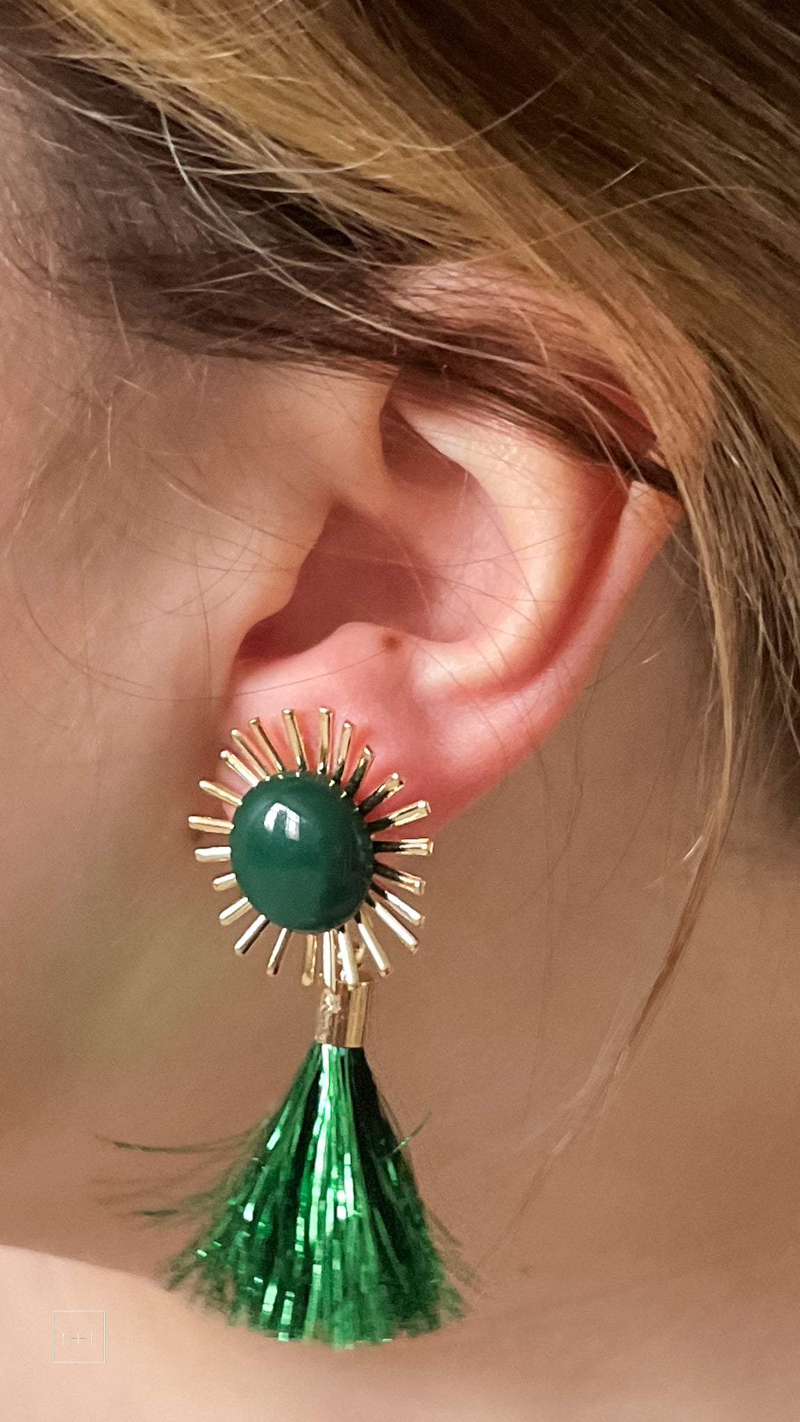 mary kathryn design green metallic starburst tassel earrings