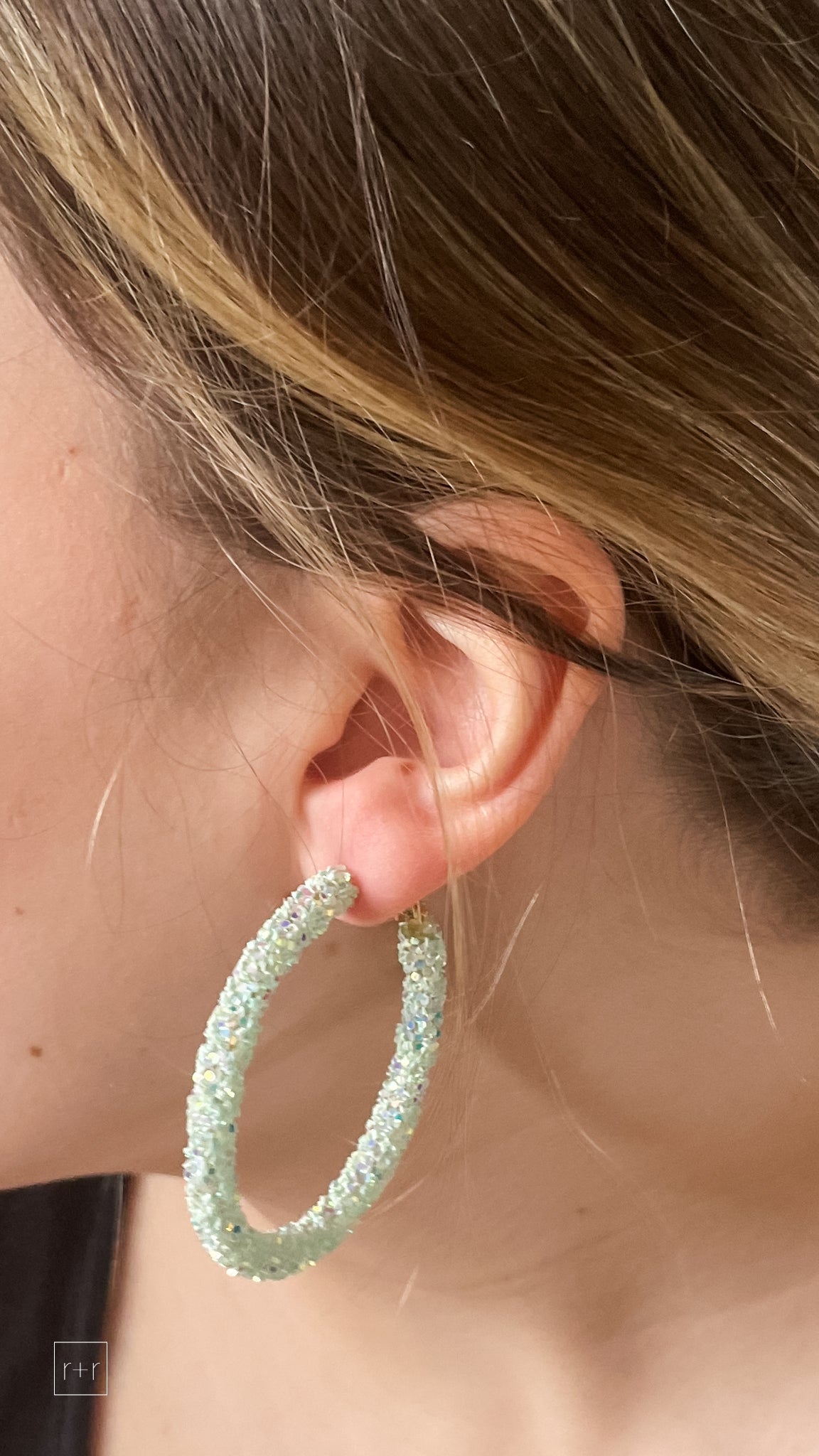 mary kathryn design large glitter hoop earrings 55mm in mint