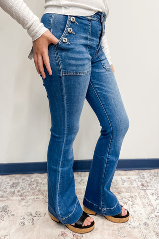 mica denim high rise flare jeans with button patch utility pockets rich electric blue mdp-f3513