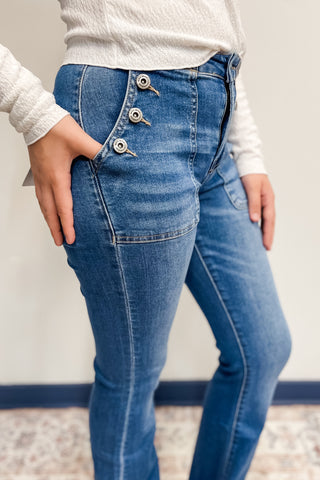 mica denim high rise flare jeans with button patch utility pockets rich electric blue mdp-f3513