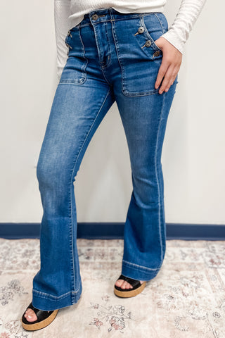 mica denim high rise flare jeans with button patch utility pockets rich electric blue mdp-f3513