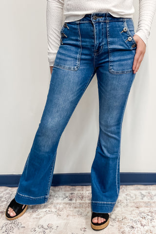 mica denim high rise flare jeans with button patch utility pockets rich electric blue mdp-f3513