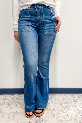 mica denim high rise flare jeans with button patch utility pockets rich electric blue mdp-f3513