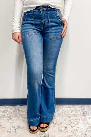 mica denim high rise flare jeans with button patch utility pockets rich electric blue mdp-f3513
