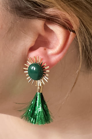 mary kathryn design green metallic starburst tassel earrings