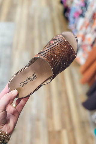 Corkys Footwear Bourbon Much Better Wedge Slide Sandals laser cut single strap