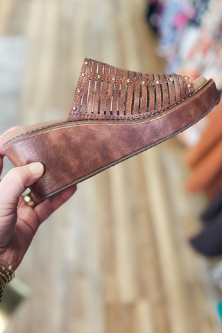 Corkys Footwear Bourbon Much Better Wedge Slide Sandals laser cut single strap