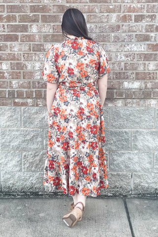 Oddi floral taupe midi dress tie neck elbow bubble sleeves elastic smocked waist ID18065