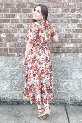 Oddi floral taupe midi dress tie neck elbow bubble sleeves elastic smocked waist ID18065