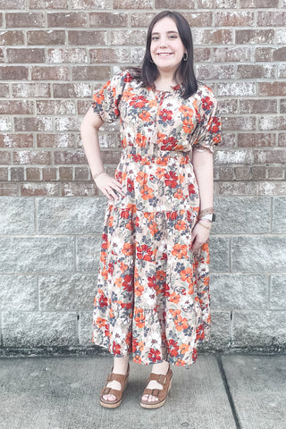 Oddi floral taupe midi dress tie neck elbow bubble sleeves elastic smocked waist ID18065