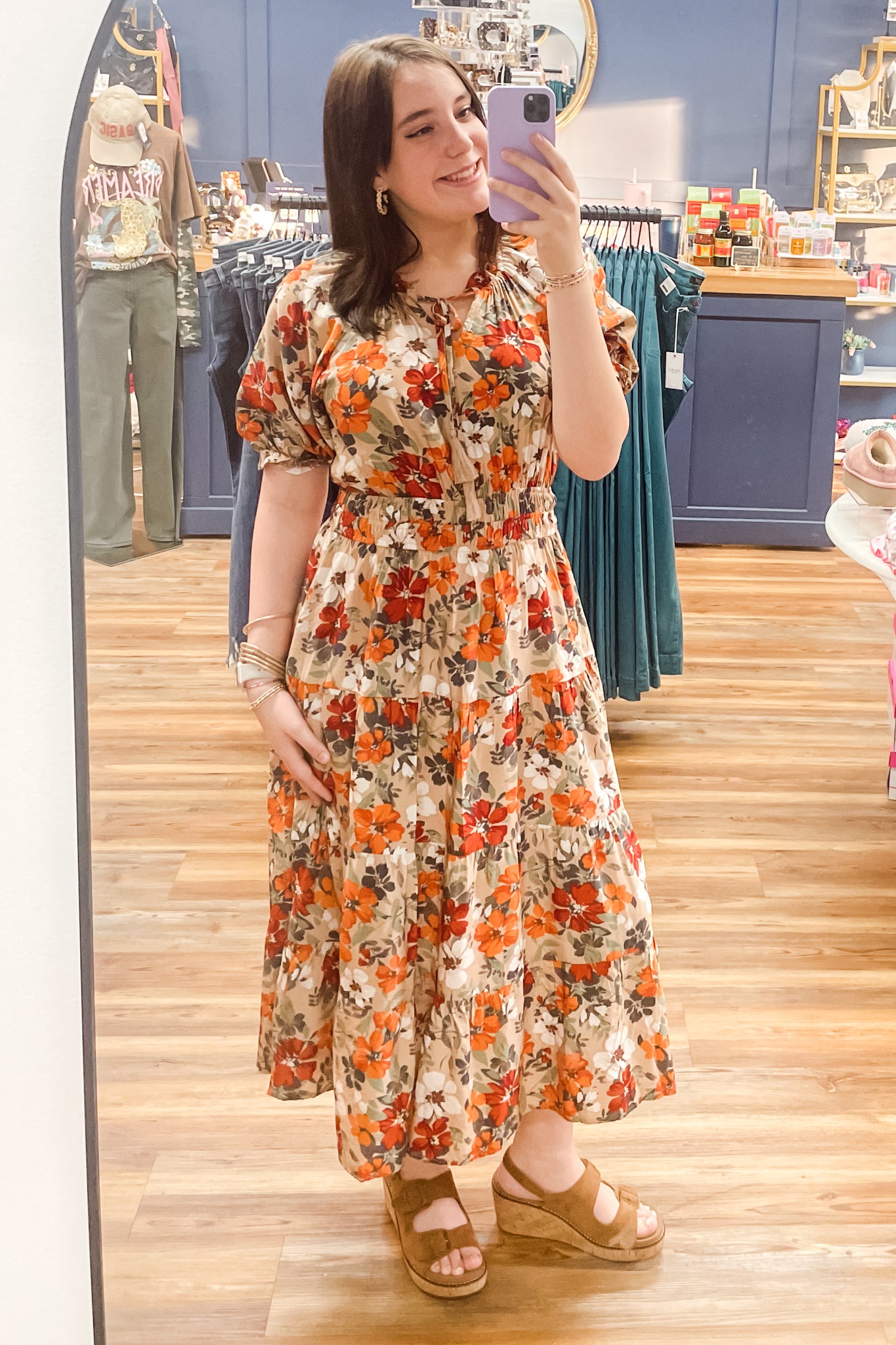 Oddi floral taupe midi dress tie neck elbow bubble sleeves / small Oddi floral taupe midi dress tie neck elbow bubble sleeves / small