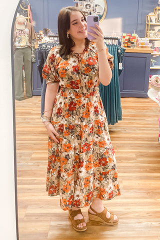 Oddi floral taupe midi dress tie neck elbow bubble sleeves elastic smocked waist ID18065