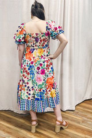 Oddi Carnival Bloom mixed print bold floral midi dress puff sleeves smocked back ID18857