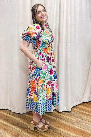 Oddi Carnival Bloom mixed print bold floral midi dress puff sleeves smocked back ID18857